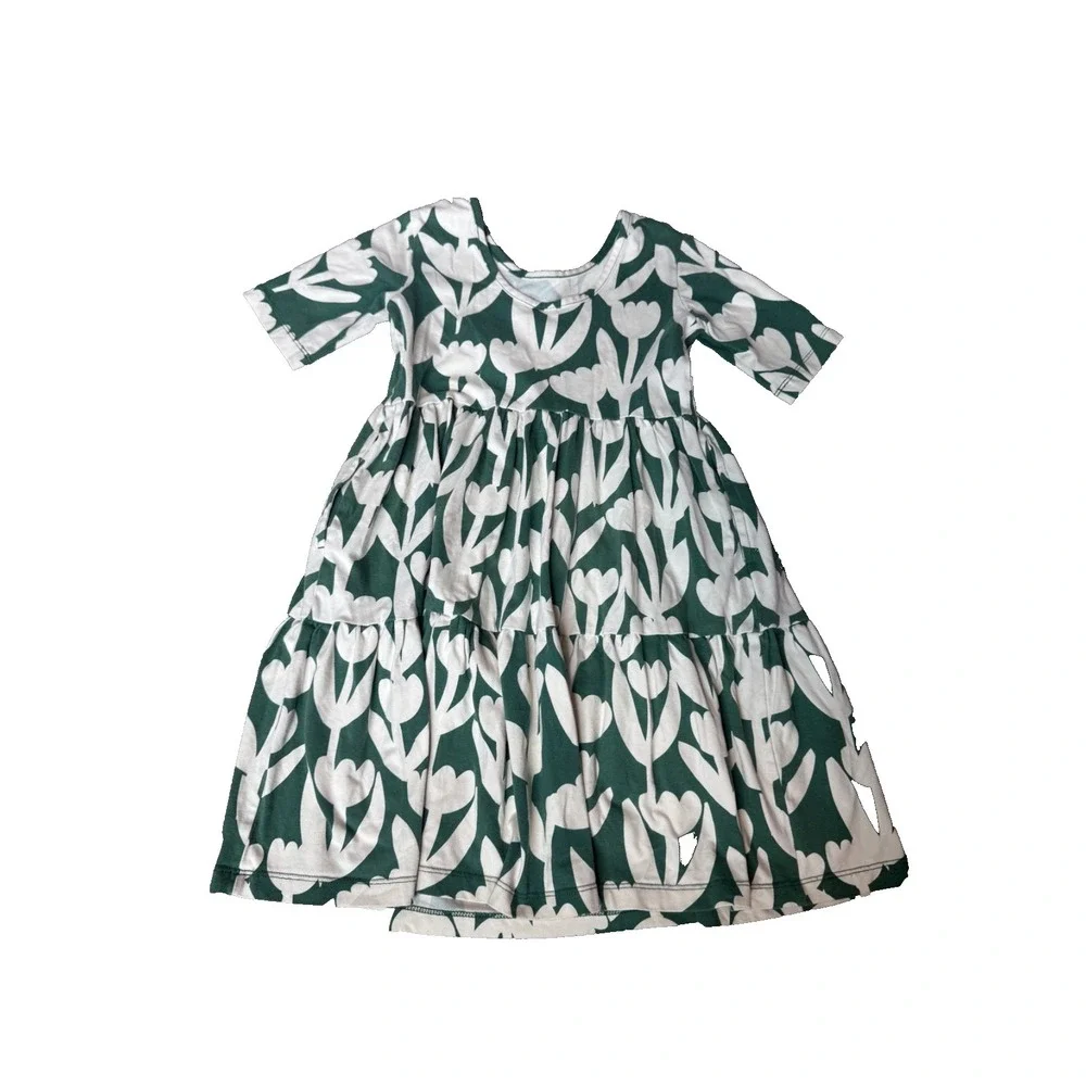 Hanna Andersson Cotton Girl's Green & White Floral Dress Sz 120/6-7 Darling!